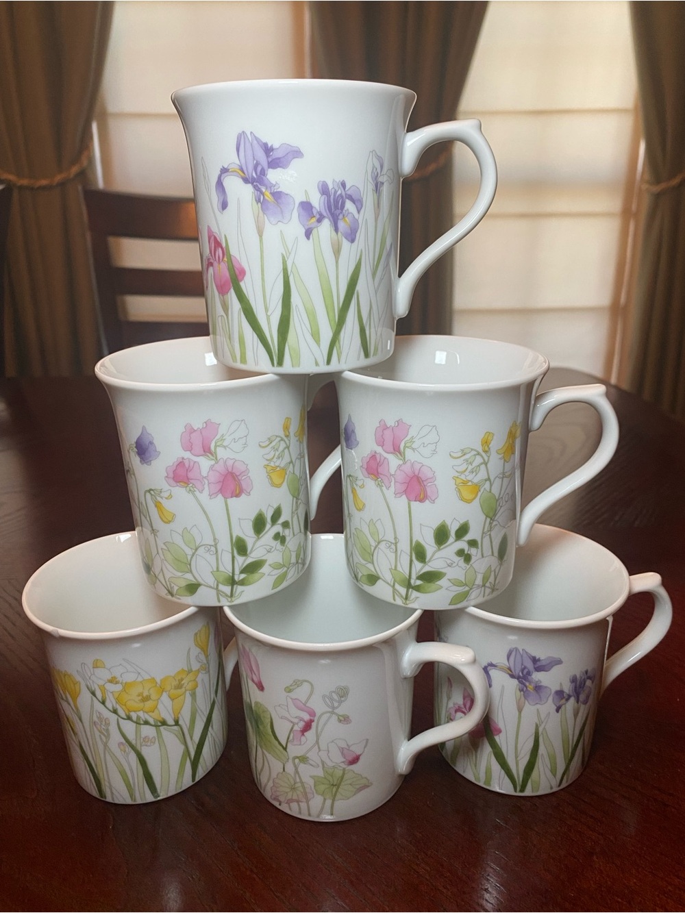 Shafford Tivoli white porcelain mugs with colorful floral pattern set of 6